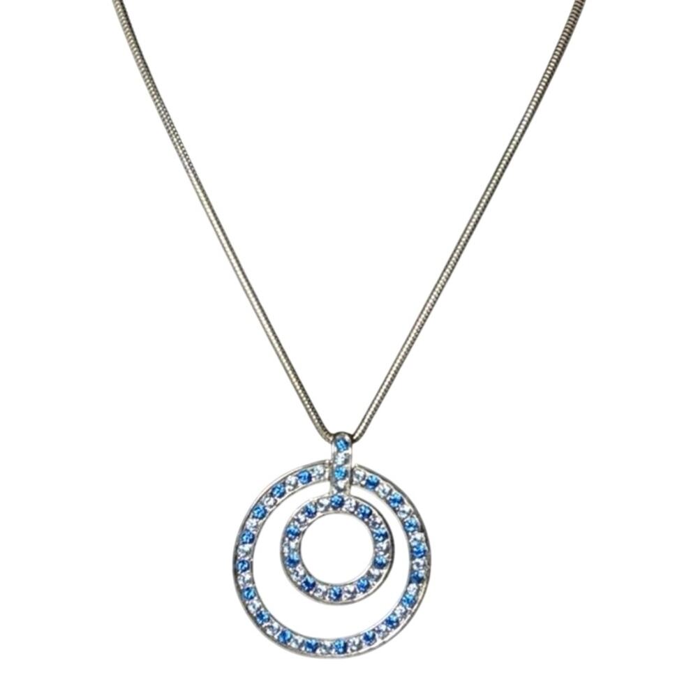 Silver Tone Blue Rhinestone Double Circle Pendant Necklace Snake Chain 15”